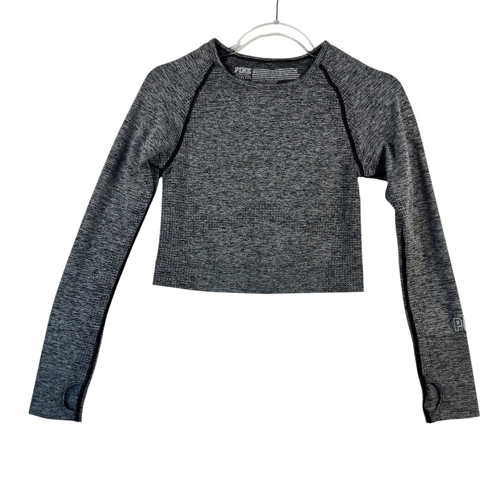 PINK VS Seamless Crop Top S Gray Heathered Long Sleeve Thumb Hole Gym Activewear